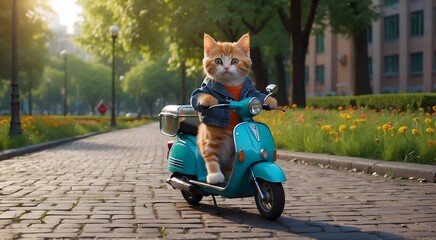 Wall Mural - happy cat on a scooter, adorable kitten rides a colorful scooter in style