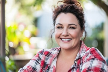 Poster - Smiling chubby ginger haired housewife posing at her home backyard looking at the camera