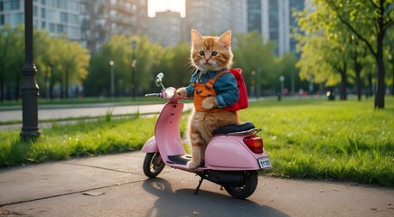 Wall Mural - happy cat on a scooter, lovable kitten on a playful scooter trip