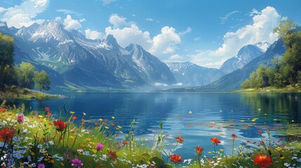 Wall Mural - Mountain lake with wildflowers - generative ai