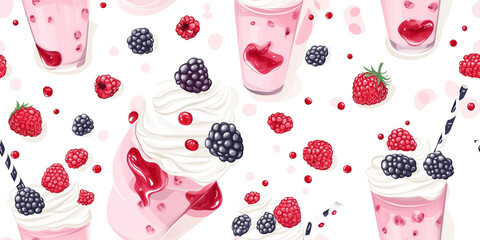 Wall Mural - Berry milkshakes with mixed berries, whipped cream, and a berry sauce drizzle, on a white background, seamless pattern