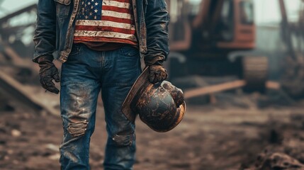 Wall Mural - Construction worker wearing american flag t-shirt holding hard hat