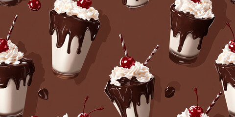 Wall Mural - Chocolate milkshakes with whipped cream, chocolate drizzle, and a cherry on top, set against a soft brown background, seamless pattern