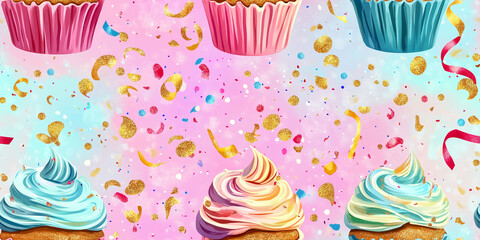 Wall Mural - Cupcakes with swirled frosting and gold glitter, surrounded by confetti and streamers, seamless pattern