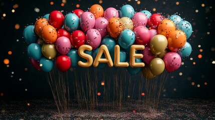 A banner made of colorfull balls with the inscription SALE on a black background. Background for Black Friday. The concept of advertising a discount night. A bright background for shops.