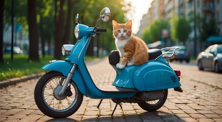 Wall Mural - cute and funny cat on a scooter, little kitten's delightful scooter adventure