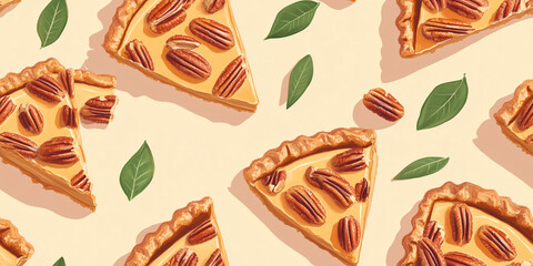 Wall Mural - Pecan pie slices with caramel glaze and toasted pecans, accompanied by small green leaves, seamless pattern