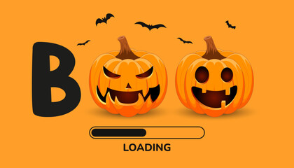 Poster - Loading Halloween banner with pumpkins and the word Boo. Orange background with bats. Perfect for Halloween events and loading screens.