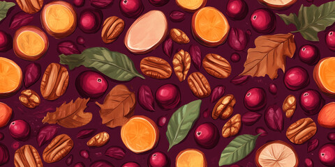 Wall Mural - Autumnal variety of cranberries, pecans, and sweet potatoes against a rich burgundy field, seamless pattern