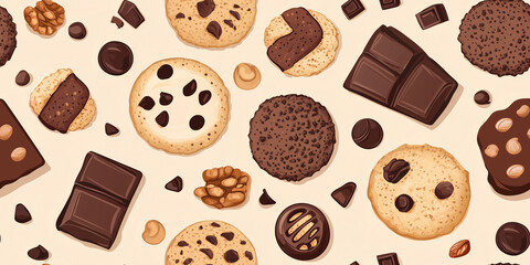 Wall Mural - Brownies and cookies with chocolate chips and nuts on warm, cozy background, seamless pattern