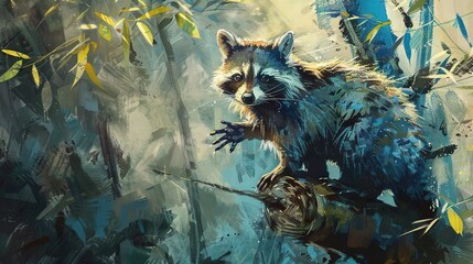 Wall Mural -   A painting of a raccoon holding a stick in a swampy area surrounded by yellow and green leaves on the ground