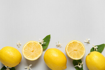 Wall Mural - Blooming branches with lemons on grey background