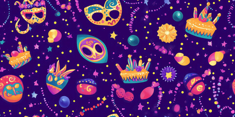 Wall Mural - Mardi Gras assortment of beads, king cakes, and masks on a festive purple canvas, seamless pattern