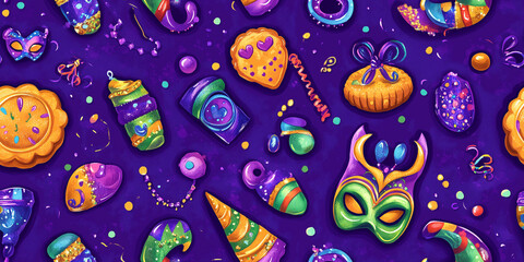 Wall Mural - Mardi Gras assortment of beads, king cakes, and masks on a festive purple canvas, seamless pattern