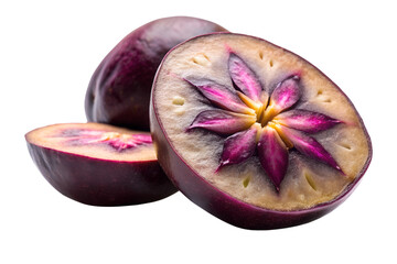 a bacaba slice with dark purple flesh and a unique