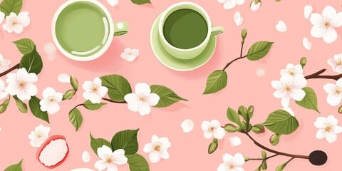 Poster - Spring celebration of cherry blossoms, green tea cups, and mochi on a delicate pink base, seamless pattern