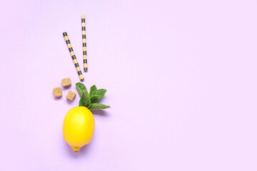 Wall Mural - Ripe lemon with mint and straws on lilac background