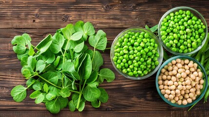 Poster -   Three bowls holding diverse bean varieties sit beside lush greenery on a wooden platter