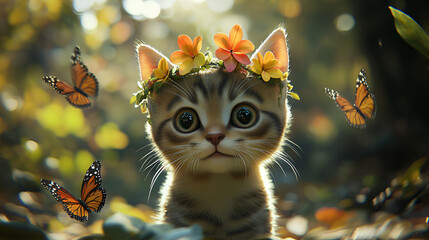 Wall Mural - Cute Kitten with Flower Crown and Butterflies
