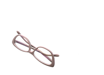 Pair of glasses with a gey frame isolated on a plain white background. Copy space to right.