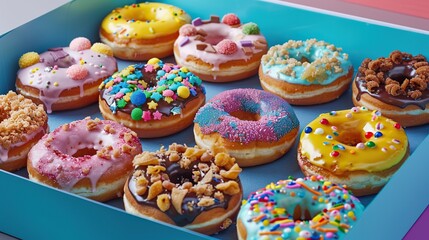 Assorted Colorful Donuts in a Box

Description: A box of assorted donuts, each uniquely decorated with vibrant colors, sprinkles, and toppings, creating an eye-catching and appetizing display.