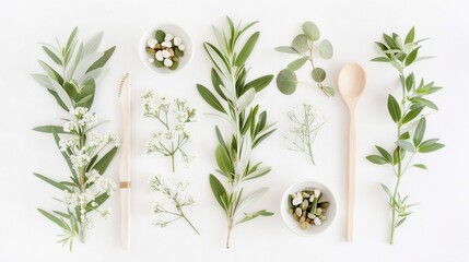 Poster -   White table, colorful flowers, plants, spoons, utensils