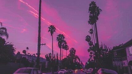 Wall Mural -   A busy road flanked by towering palm trees under a pastel sky