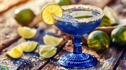 Poster -   A blue margarita sits atop a wooden table with limes and wedges nearby