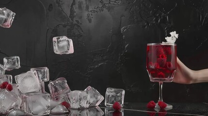 Canvas Print -   A glass of ice with raspberries on one side and a hand holding an identical glass on the other