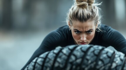 A woman is engaged in an intense outdoor workout session, flipping a large heavy tire, demonstrating her strength, determination, and commitment to physical fitness and health.