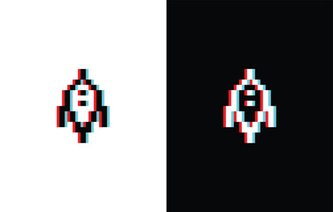 Poster - glich effect pixel art starship vector icon spaceship pixel element for 8 bit space arcade game