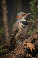 northern flicker perched on a log in nature