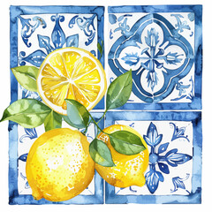 Wall Mural - watercolor Sicilian tiles and lemon and sea,watercolor seamless pattern with lemons and blue patterns. vintage,Mediterranean Italian tile with blue ornament, plants and basil leaves and yellow lemons