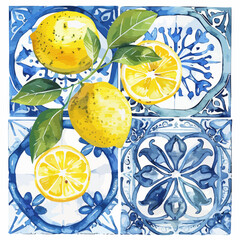 Wall Mural - watercolor Sicilian tiles and lemon and sea,watercolor seamless pattern with lemons and blue patterns. vintage,Mediterranean Italian tile with blue ornament, plants and basil leaves and yellow lemons