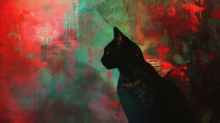 Poster -   A black cat sits before a vibrant building mosaic painted red, green, and blue