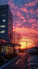 Poster -   A sunset over a parking lot with a bus parked on the side of the road and a building in the background