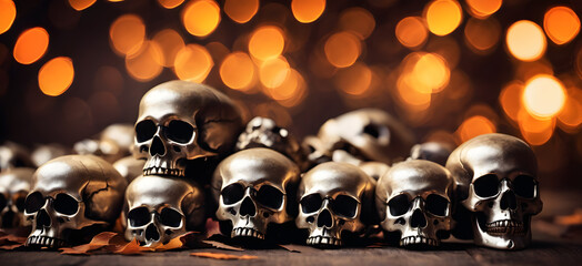 Wall Mural - halloween skull banner background with bokeh 