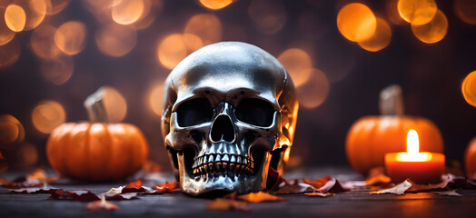 Wall Mural - halloween skull banner background with bokeh 