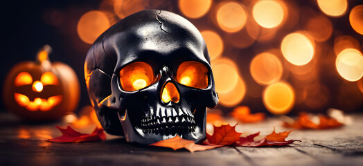 Wall Mural - halloween skull banner background with bokeh 