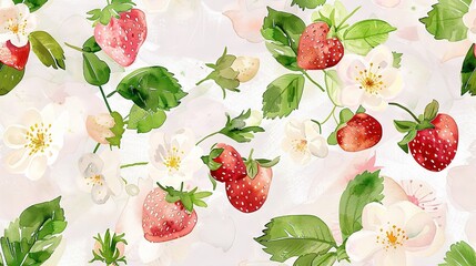 Poster -   Close-up image of strawberries and flowers against a white backdrop, surrounded by green foliage and white blossoms