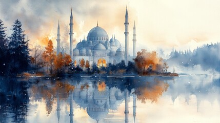 Wall Mural - Watercolor dreamscape mosque reflection - generative ai