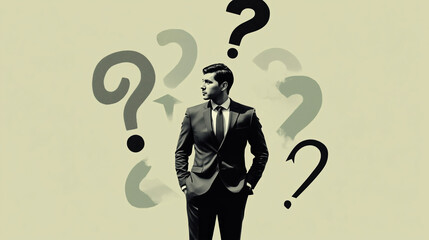 Minimalist retro collage of a black-and-white photograph of a man in a suit against a beige background, surrounded by arrows and question marks. Concept of doubt and choice.