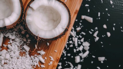 Sticker -   A couple of coconuts rest on a wooden cutting board beside a mound of chopped-up coconuts