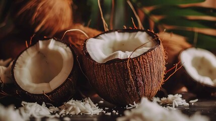 Poster -   A couple of coconuts resting atop a table near a mound of shredded coconut