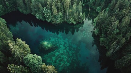 Poster -   An aerial view of a body of water surrounded by lush green trees and encircled by towering, evergreen trees