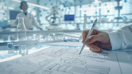 Aufkleber - hand working on scientific diagrams in modern lab environment. conceptual image of research and deve