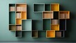 © Maximages  - A artistic and modern bookshelf featuring a variety of colorful boxed shelves arranged on a teal wall, filled with books creating a contemporary decor aesthetic.