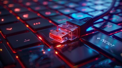 Aufkleber - Glowing Ethernet cable on illuminated keyboard. Technology concept with red-blue colors. Perfect for tech blogs or network symbols. Dark, neon style suited for digital topics. AI