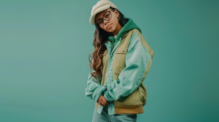 Woman in green jacket and hat posing indoors