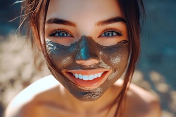 Wall Mural - Smiling Woman with Mud Face Mask Outdoors - Skincare, Natural Beauty, Wellness, Self-Care, Radiant Smiles